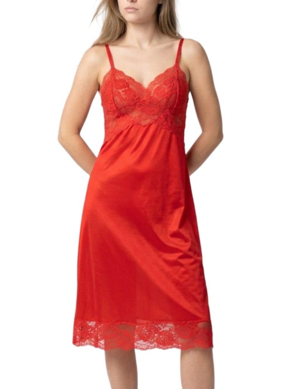 Vanity Fair Vtg 50s 60s Slip Chemise Lipstick Red Tricot Nylon Lace Bodice Lacy